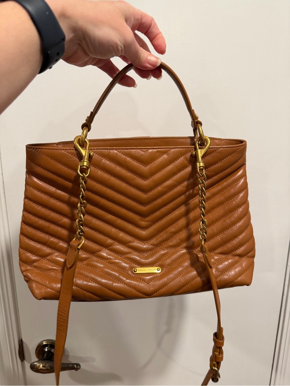 Michael Kors Quilted Chevron Leather Shoulder Bag in Cognac Brown